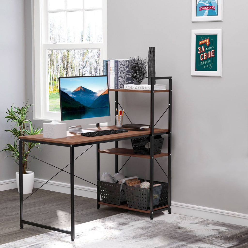 Bureau d'angle avec rangement design Industriel avec bibliothèque 3 étagères panneaux particules aspect noyer-0
