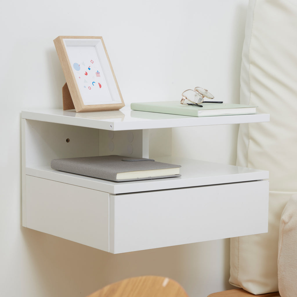 Lot de 2 tables de chevet murales tables de nuit tiroir coulissant, niche, plateau, 35 x 32 x 22,5 cm blanc-5