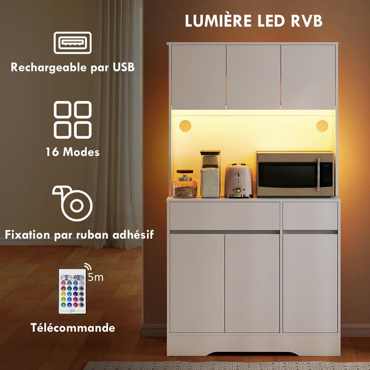 Buffet cuisine meuble cuisine rangement haut avec lumière LED RGB, plan de travail, 6 portes, 2 tiroirs, blanc-3