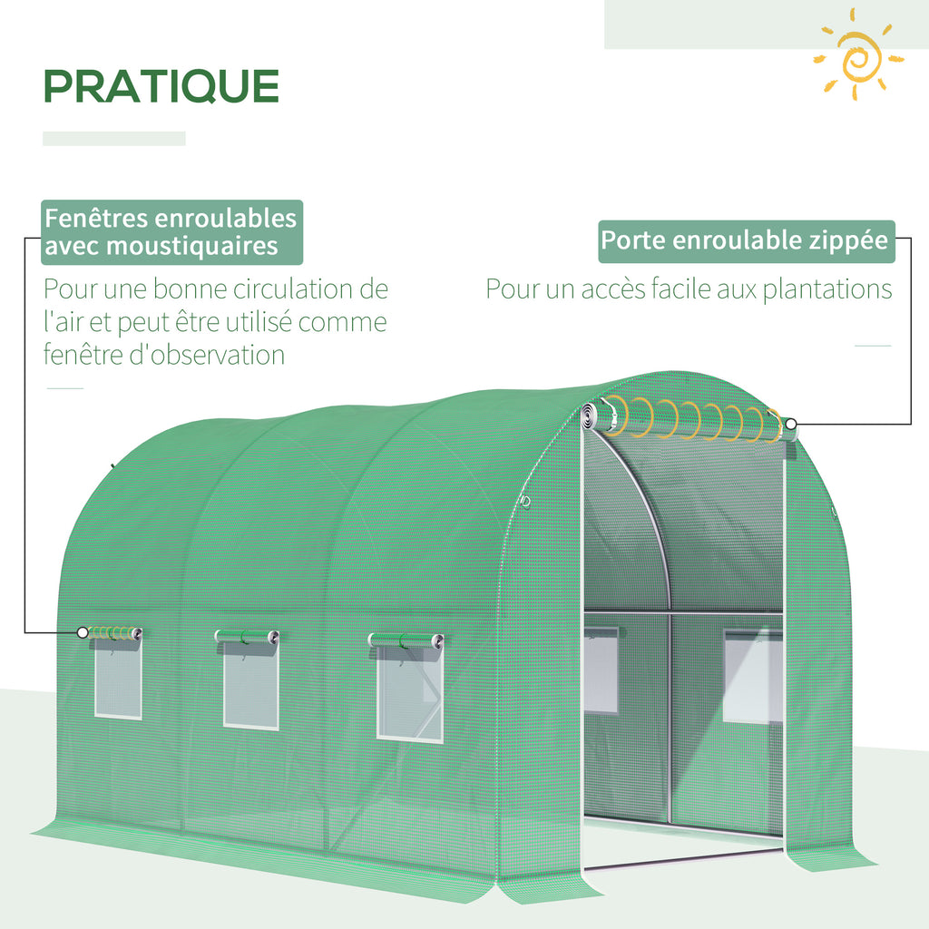 Serre de Jardin Tunnel Surface Sol 6 m² 3L x 2l x 2H m acier Porte zippée 6 fenêtres enroulables Vert-5