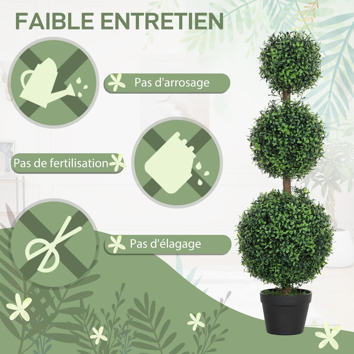 Lot de 2 arbres artificiels 101,6 cm 3 boules de buis topiaires fausse plante vert PE avec pot intérieur et extérieur-5