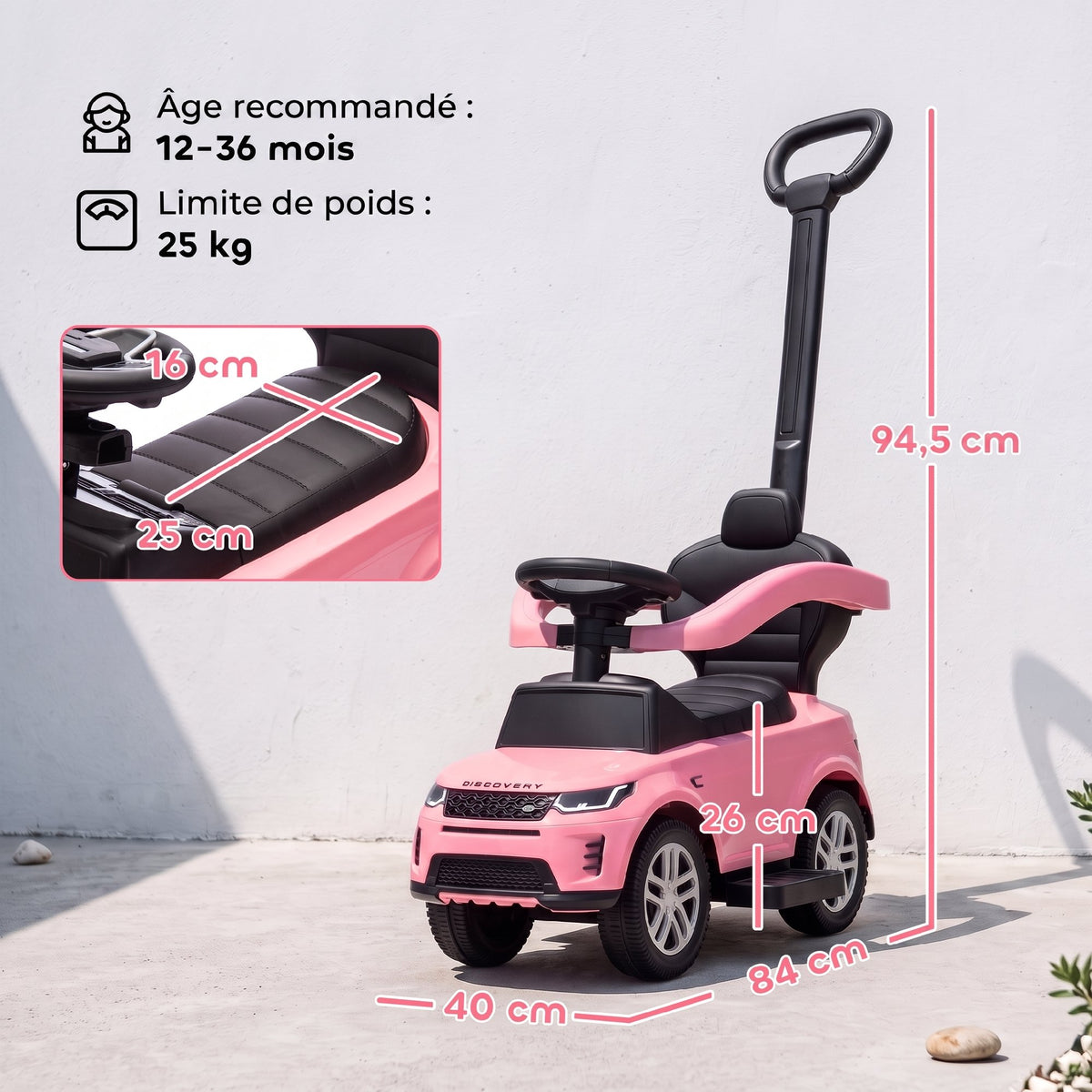 Porteur enfants Land Rover Discovery sous licence, porteur voiture à pousser avec poignée amovible, 84x40x94,5cm, rose-2