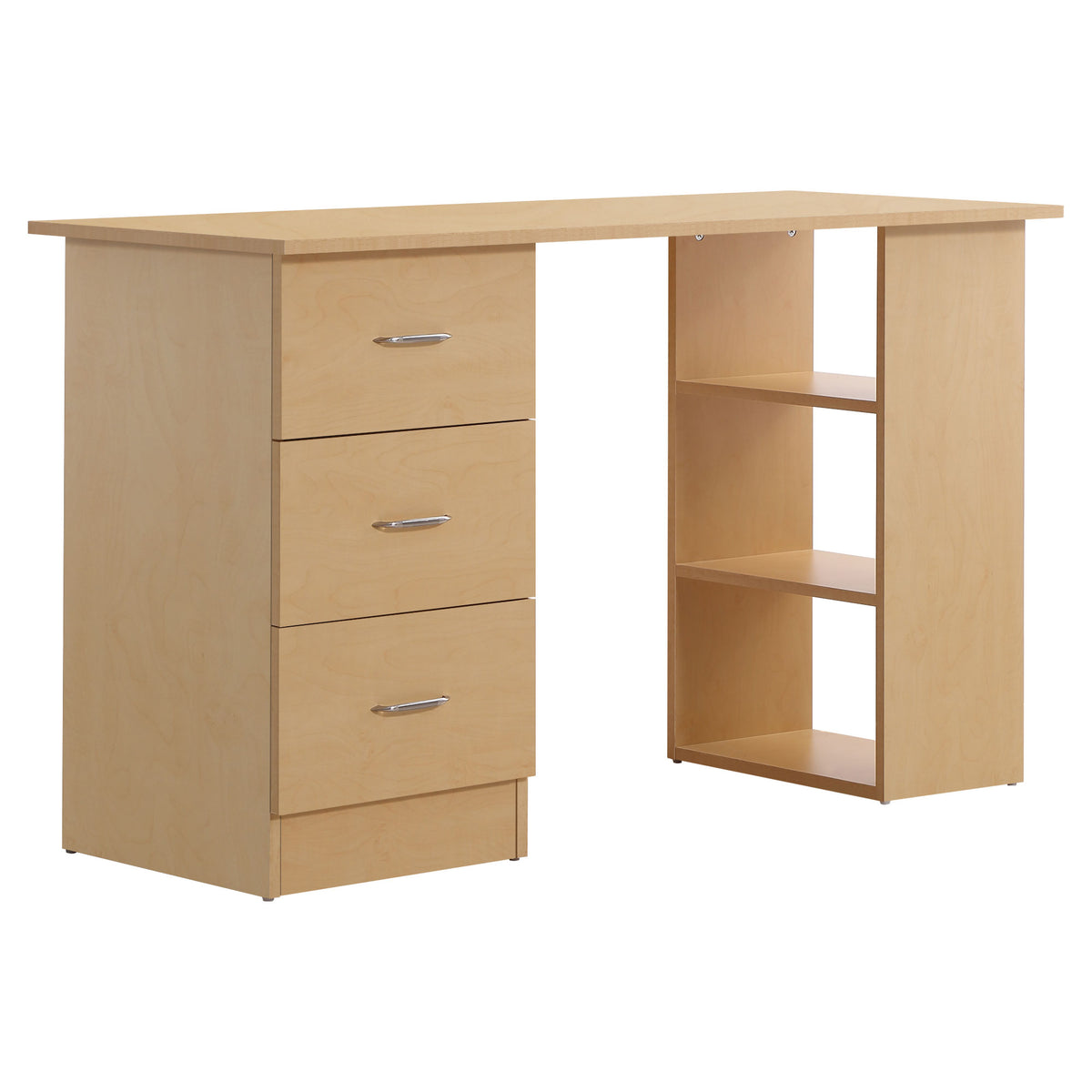 Bureau d'ordinateur avec 3 tiroirs et 3 étagères ouvertes, 120x49x72cm, bureau avec rangement réversible, style moderne, table informatique pour chambre, petit espace, télétravail, bois clair-0