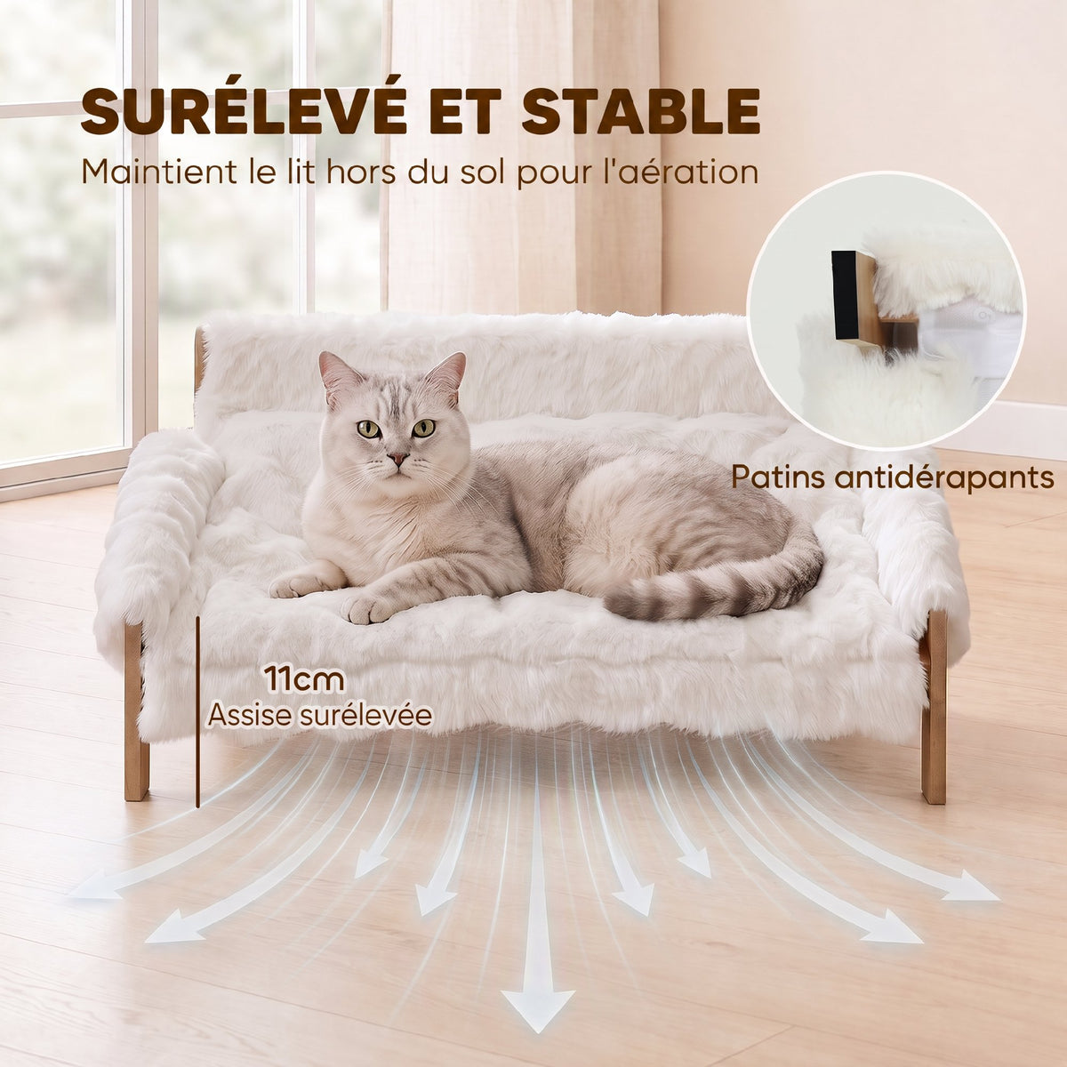 Canapé pour Chien Chat Lit Surélevé en Bois, Coussin Amovible en Peluche, Pieds Antidérapants, 70 x 47 x 30 cm, Blanc-6