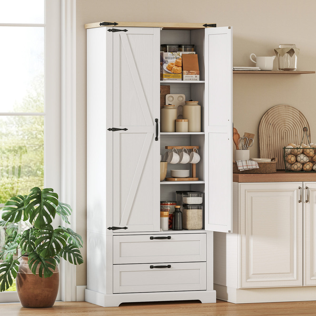 Buffet haut cuisine, armoire de cuisine avec 2 portes, 2 tiroirs, étagères réglables, style rustique, 76x40x180cm, blanc-1