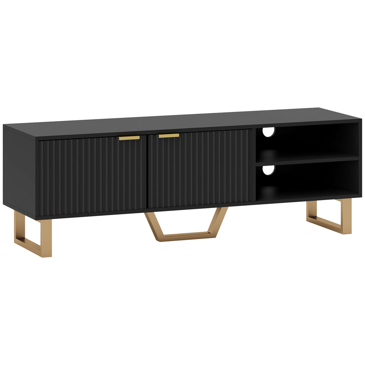Meuble TV banc TV pour téléviseur jusqu'à 70 pouces - placard à 2 portes cannelées, compartiment ouvert et passe-câbles-0