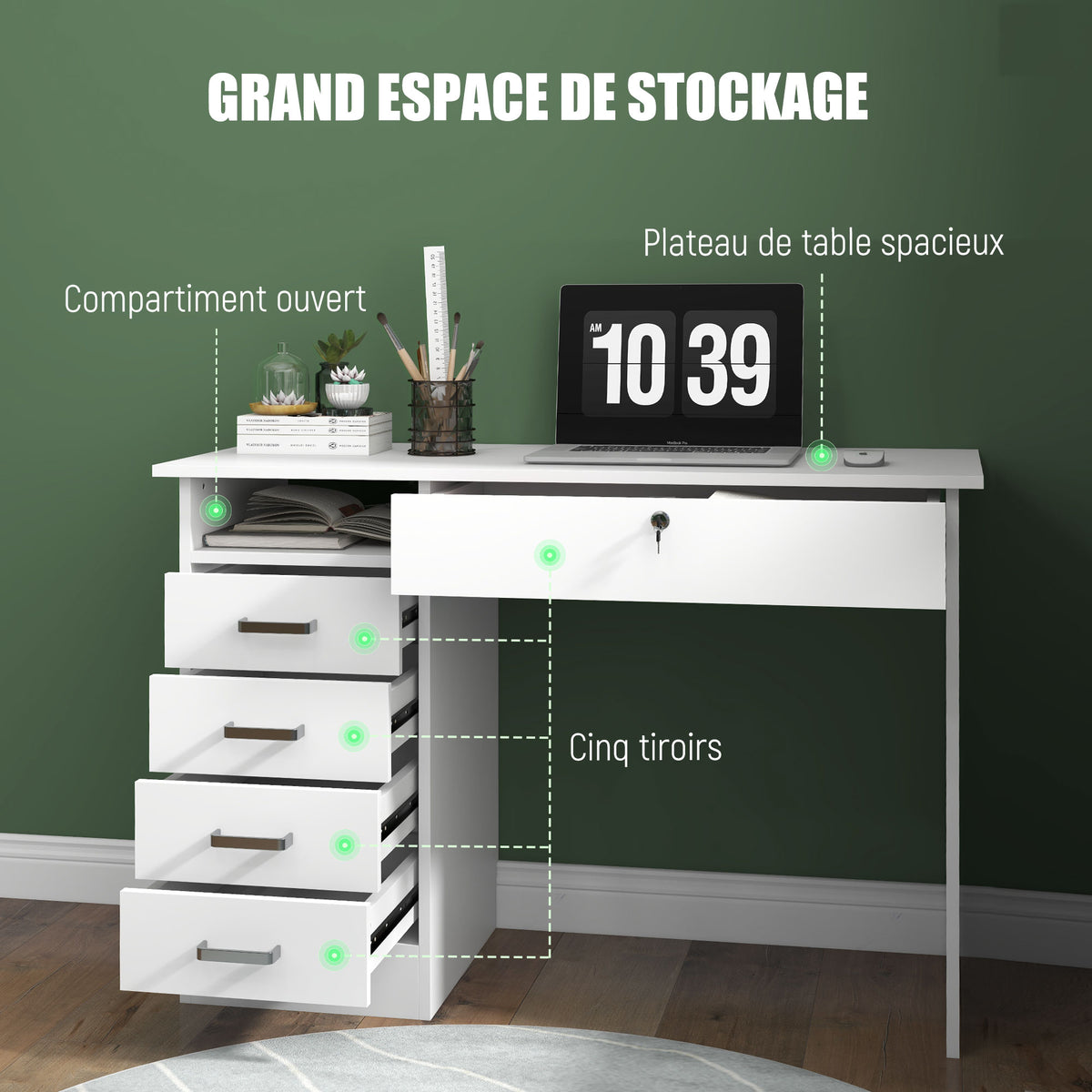 Bureau moderne avec 5 tiroirs, grand plateau, 1 compartiment ouvert, tiroir verrouillable, 110 x 50 x 76cm, blanc-3