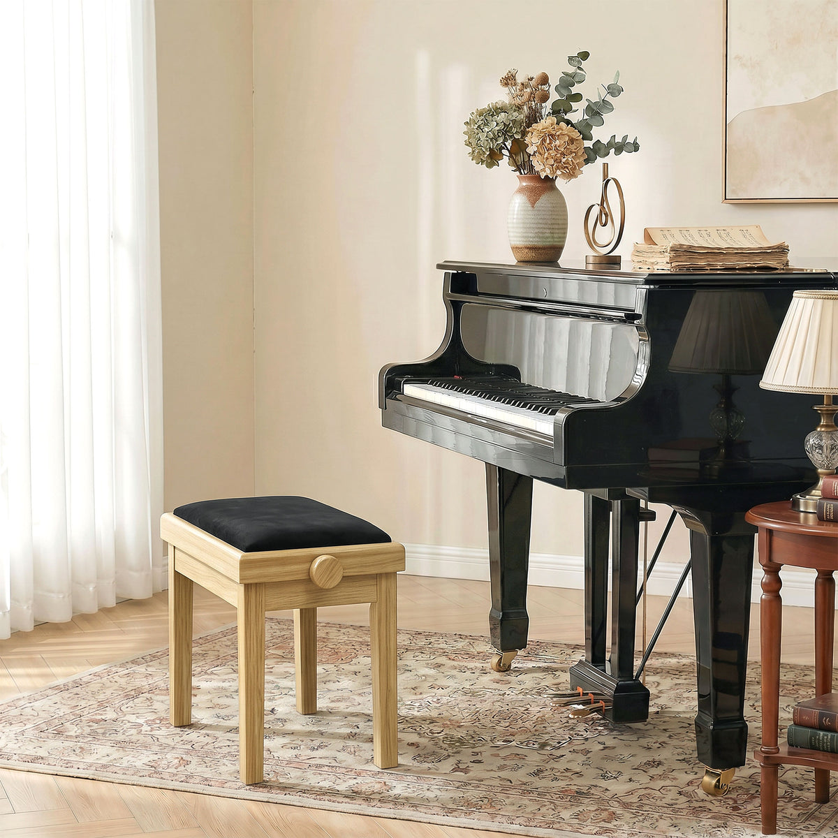 Banc de Piano, Tabouret Piano Réglable en Hauteur 45-56 cm, Banc de Clavier, Siège Rembourré en Velours, Bois Naturel-1
