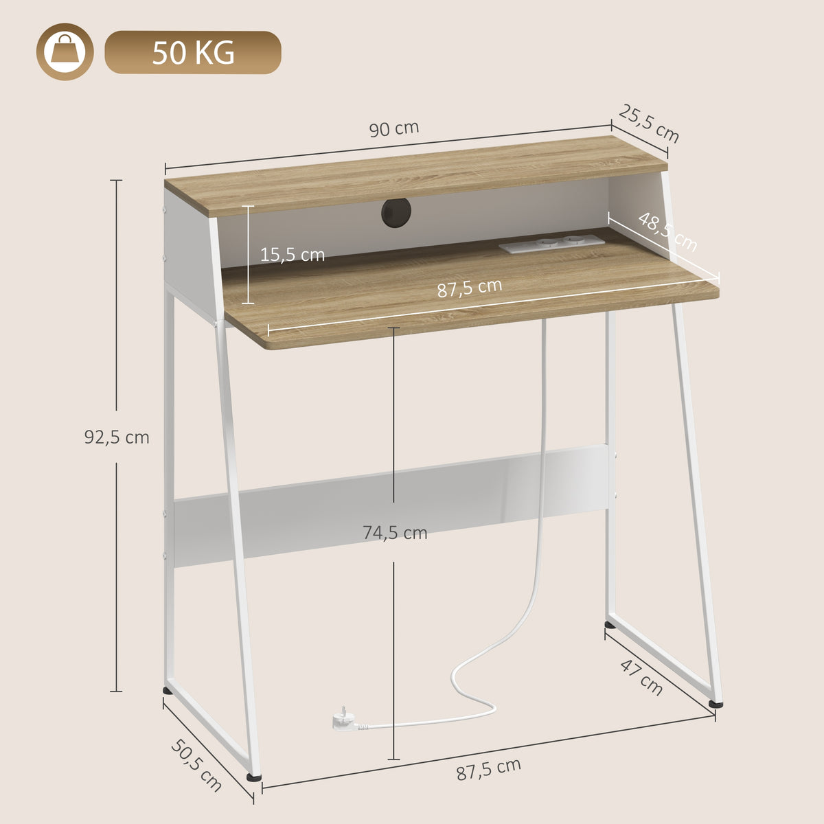 Bureau d'Ordinateur, 90 x 50 cm, Bureau avec Rangement, Étagère Ouverte et Cadre en Acier, Chêne et Blanc-2