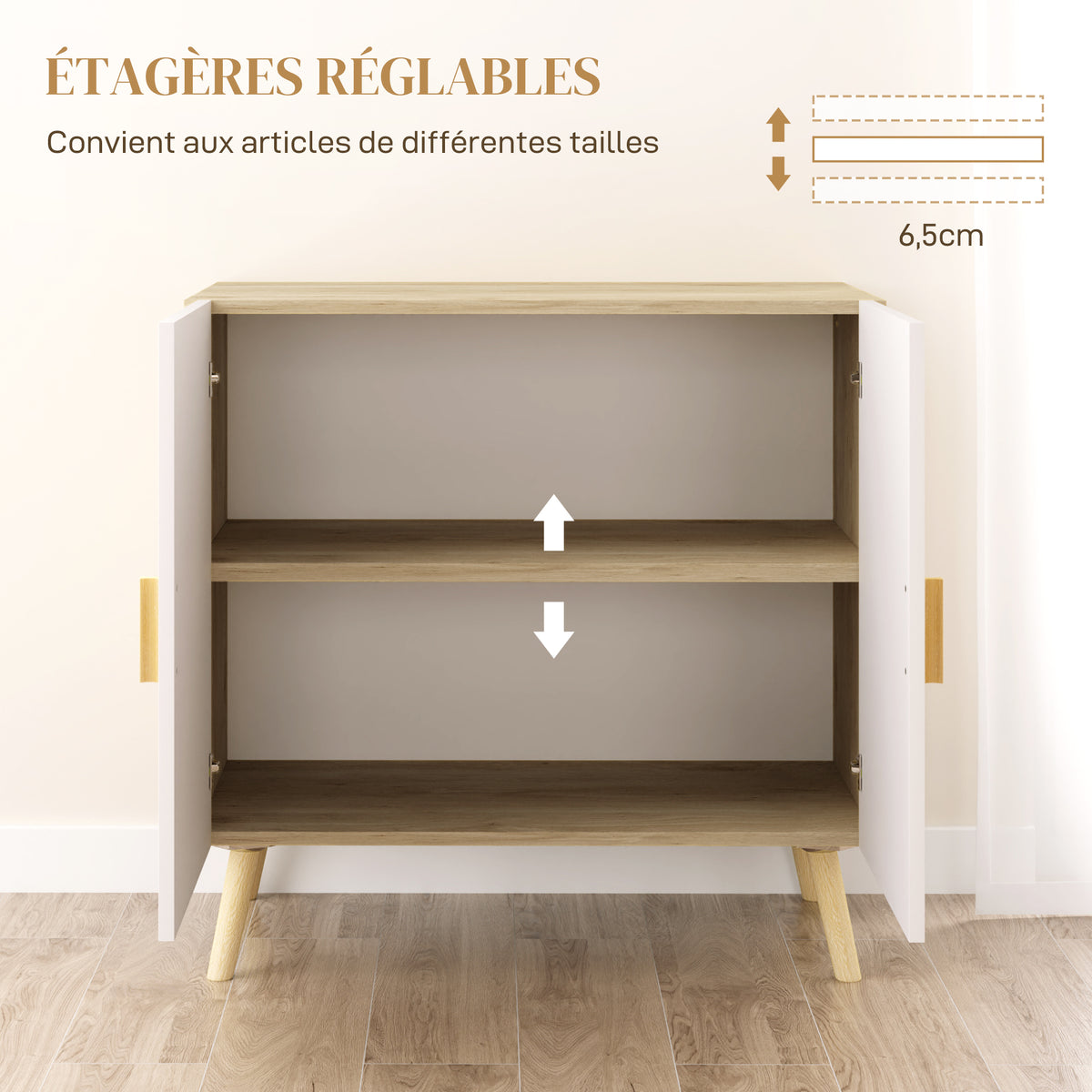 Buffet meuble de rangement avec poignées en bambou étagère ajustable base surélevée 76 x 41,2 x 74 cm blanc bois naturel-3