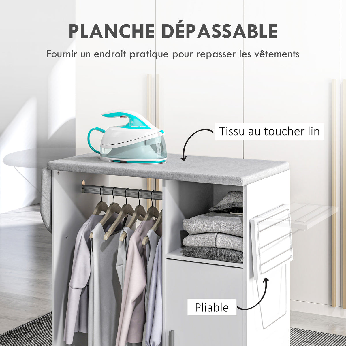 Armoire à repasser sur roulettes, table à repasser pliante, étagère réglable, barre de suspension, 127x42,5x99cm, blanc-3