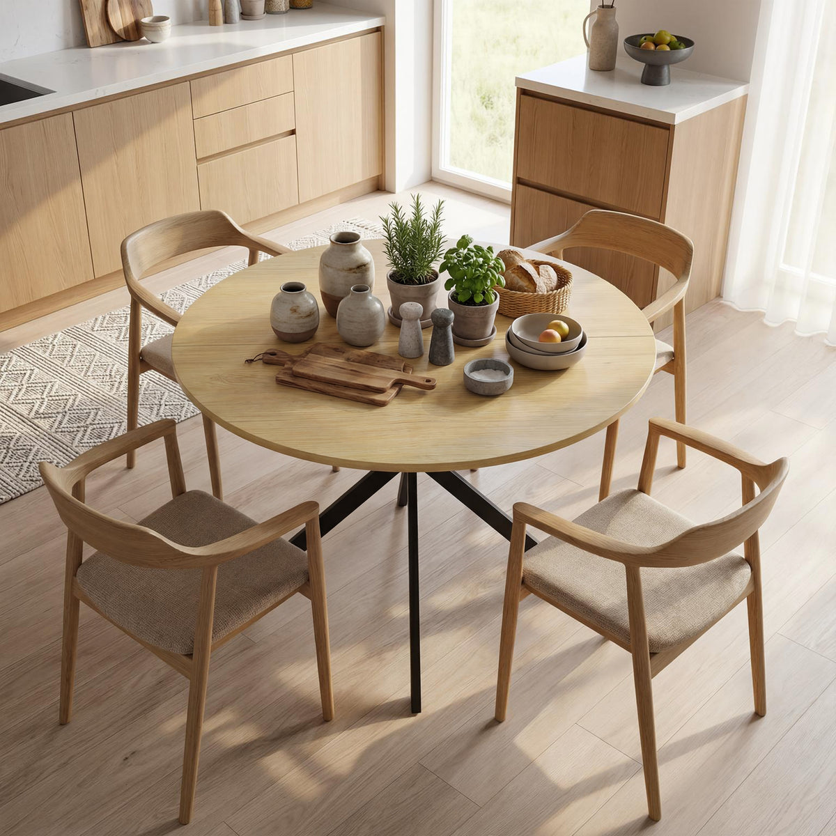 Table à Manger Ronde pour 4 Personnes 100 cm, Style Industriel avec Plateau Aspect Bois, Piètement Croisé en Acier Chêne-9