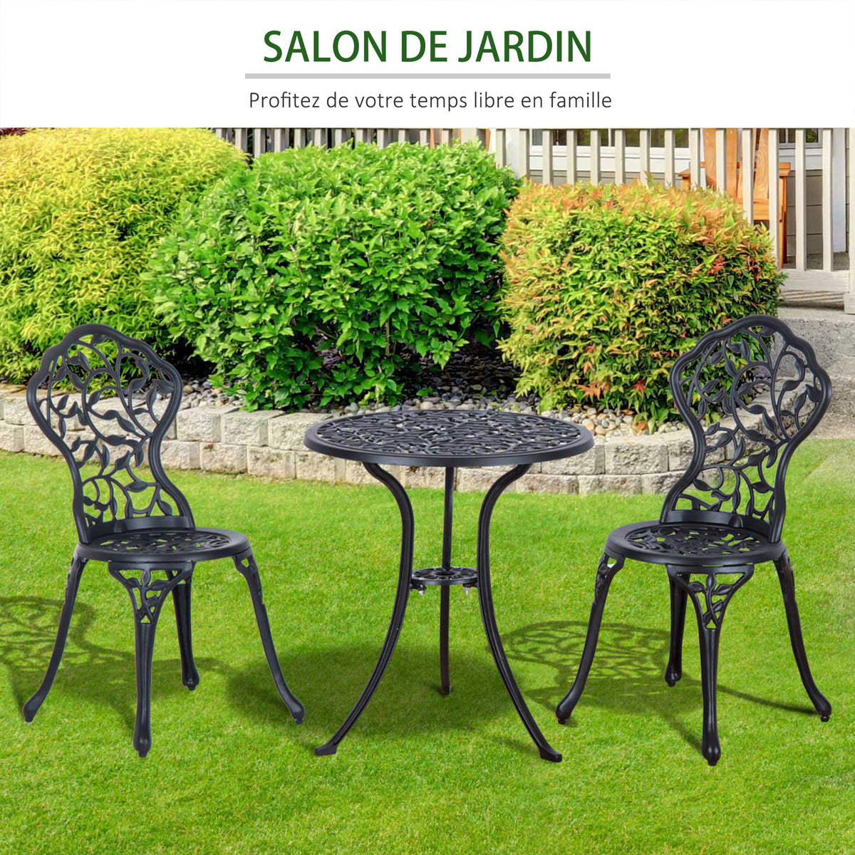 Ensemble de bistrot 3 pièces avec 2 chaises et 1 table ronde style antique, pour jardin, terrasse, balcon, noir-5