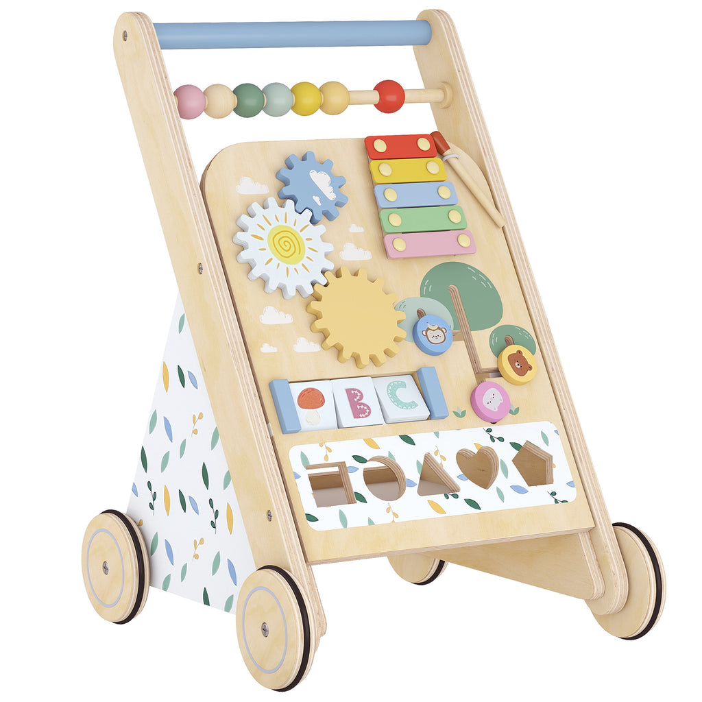 Trotteur Bebe en Bois, Chariot de Marche Bébé avec Centre d'Activités, Vitesse Réglable et 5 Blocs, dès 18 Mois, Naturel-0