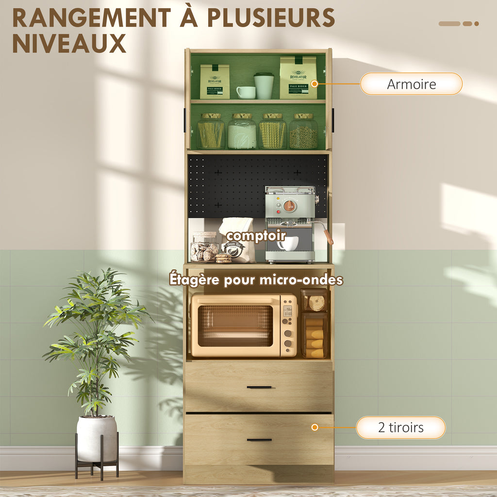 Meuble micro-ondes, buffet, 2 tiroirs, 2 portes, plan de travail, étagère réglable, panneau perforé, 4 crochets, naturel-3