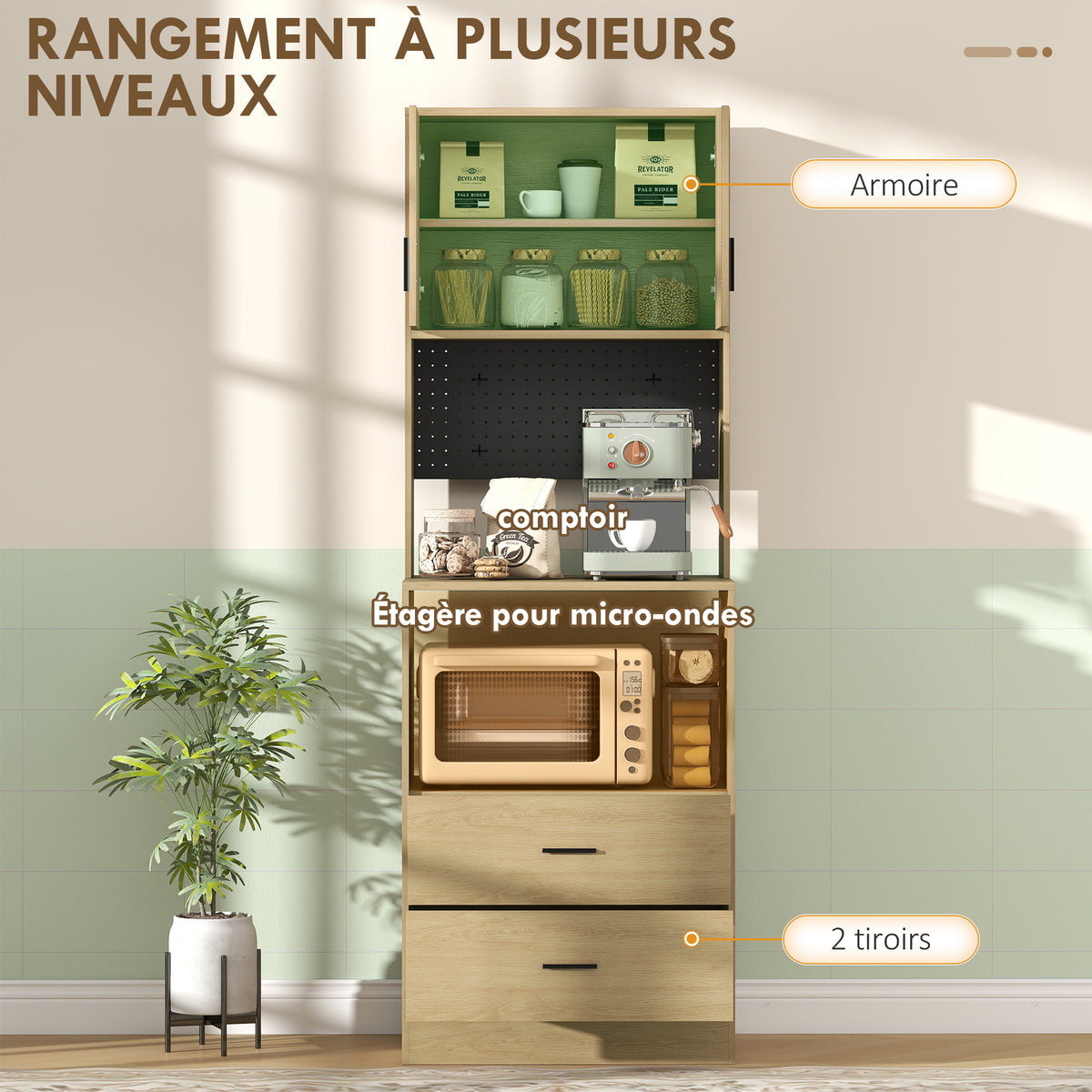Meuble micro-ondes, buffet, 2 tiroirs, 2 portes, plan de travail, étagère réglable, panneau perforé, 4 crochets, naturel-3