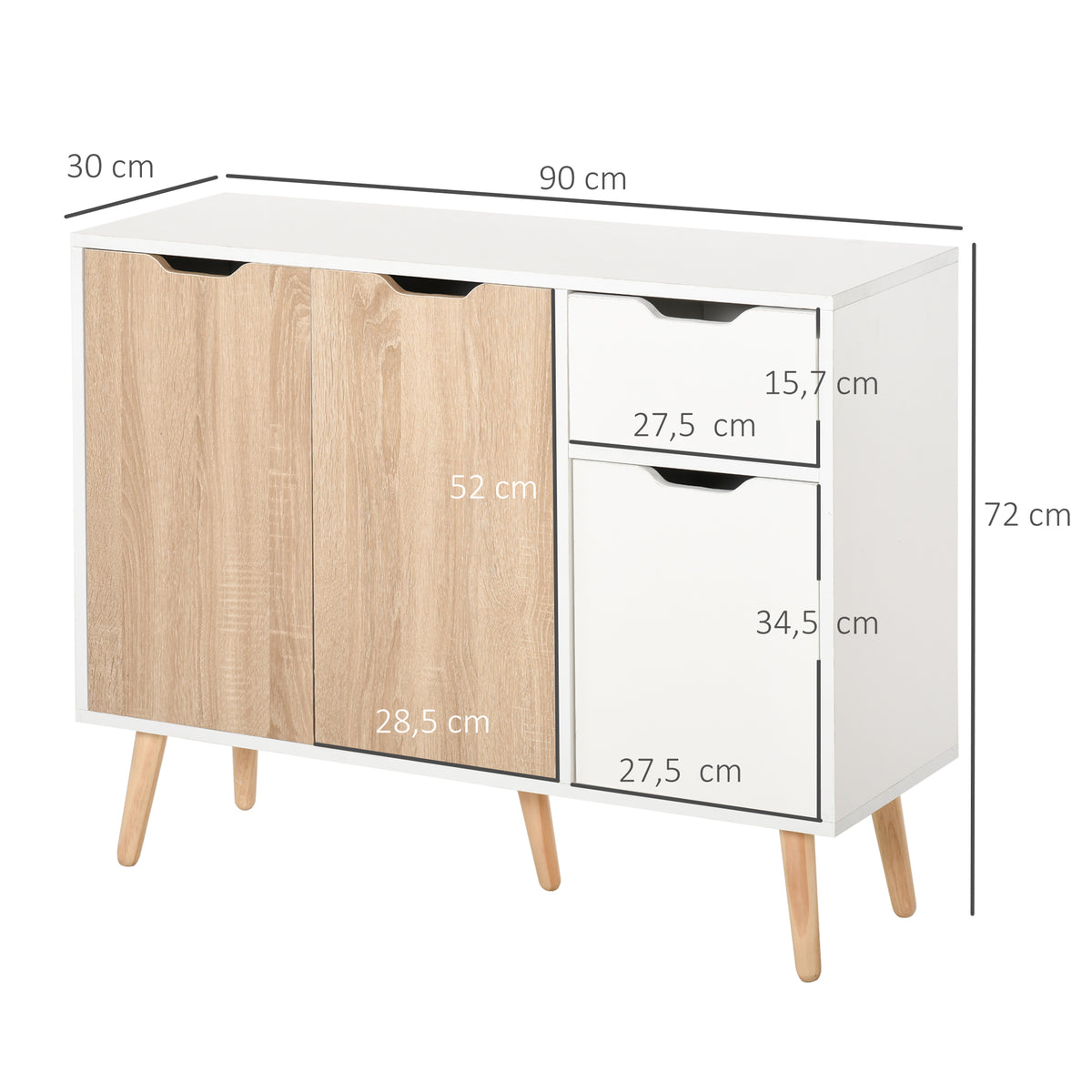 Buffet design scandinave 2 placards tiroir coulissant pieds bois massif pin panneaux particules blanc chêne clair-2