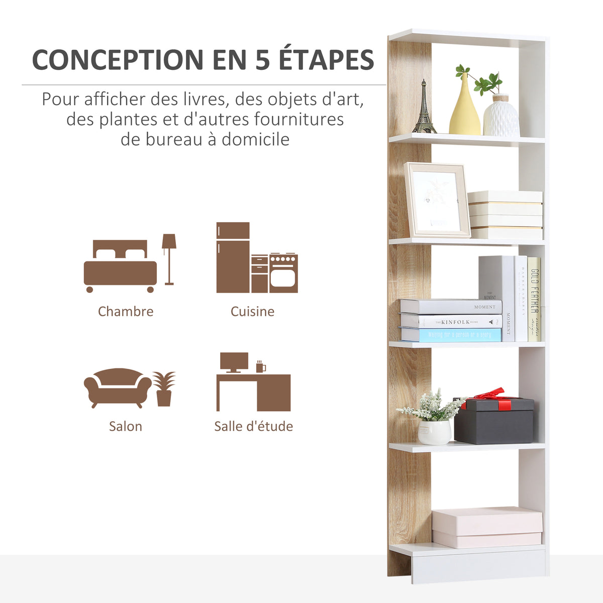 Bibliothèque Étagère de Rangement avec 5 Compartiments Ouverts Design Simple Moderne Blanc et Chêne-5