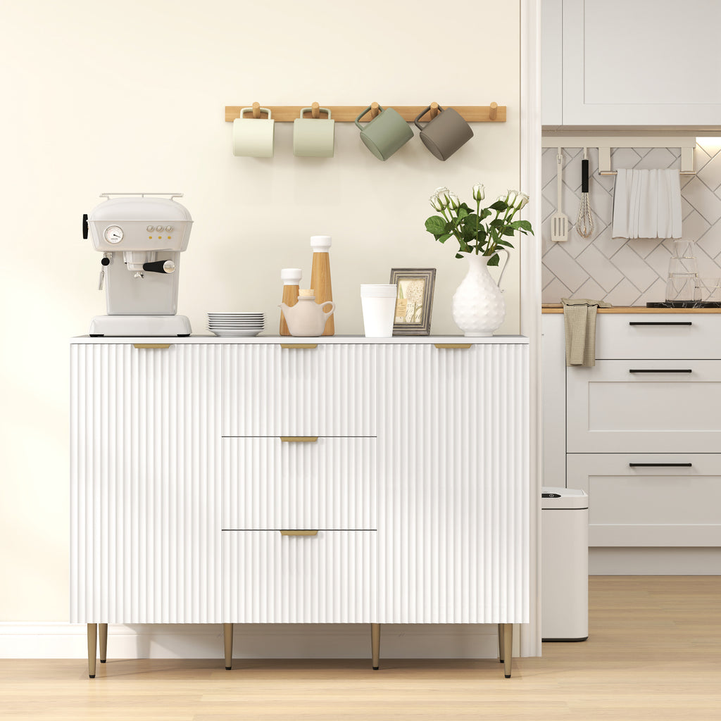 Buffet meuble cuisine rangement avec 3 tiroirs, étagères réglables, placards à portes cannelées, 120 x 40 x 90 cm, blanc-8