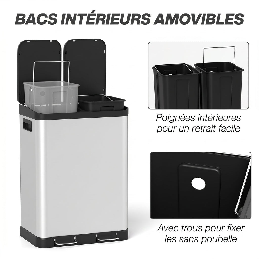Poubelle de cuisine à double compartiment 2 x 30L avec pédale en acier inoxydable, couvercle à fermeture douce, argent-4