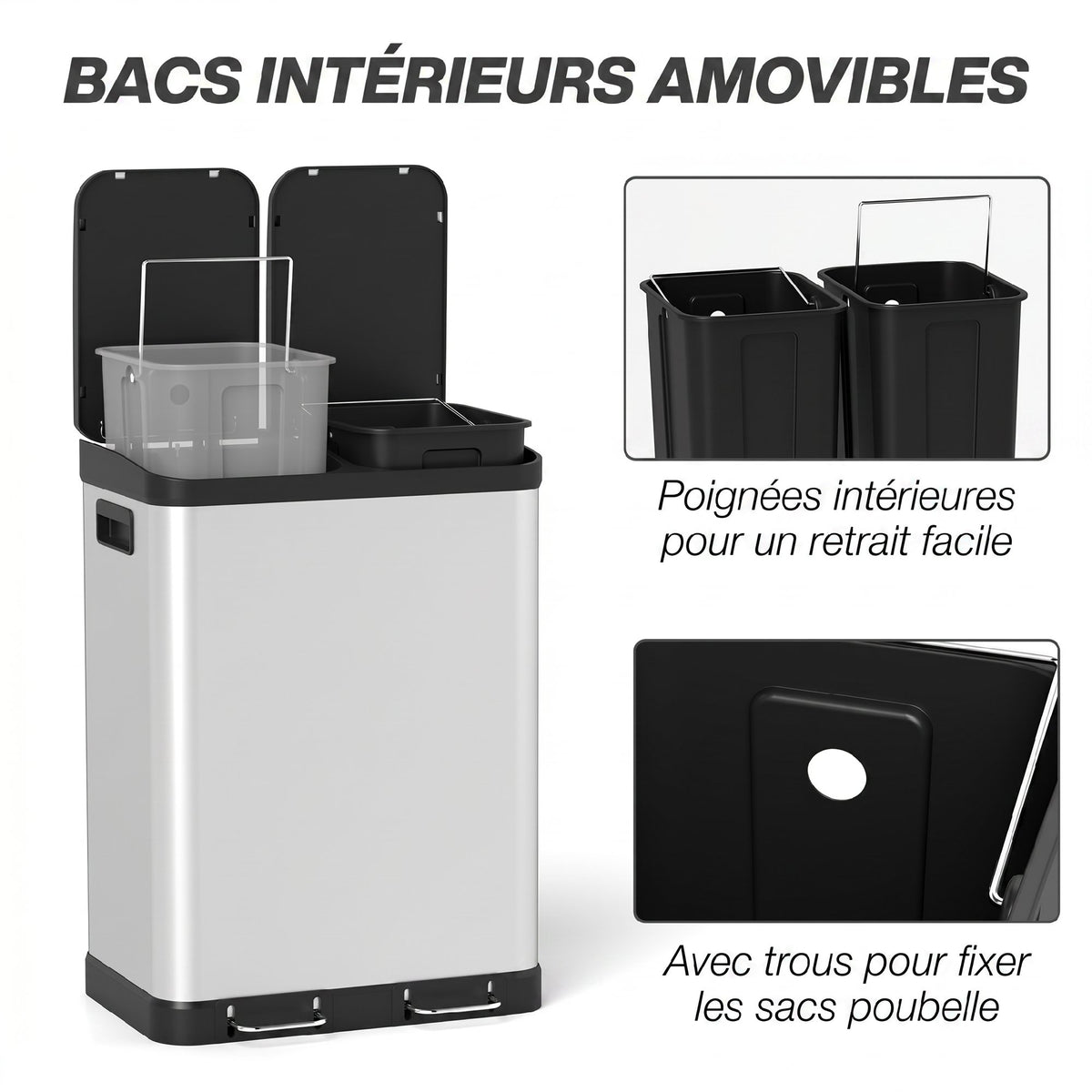 Poubelle de cuisine à double compartiment 2 x 30L avec pédale en acier inoxydable, couvercle à fermeture douce, argent-4