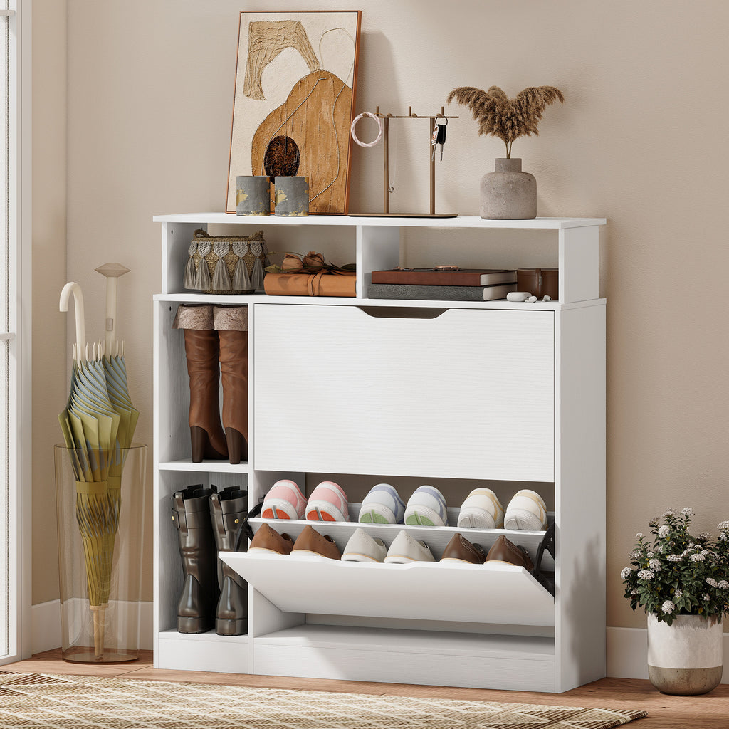 Meuble à chaussures, armoire à chaussures, 2 tiroirs rabattables, compartiments ouverts et étagère réglable, blanc-9