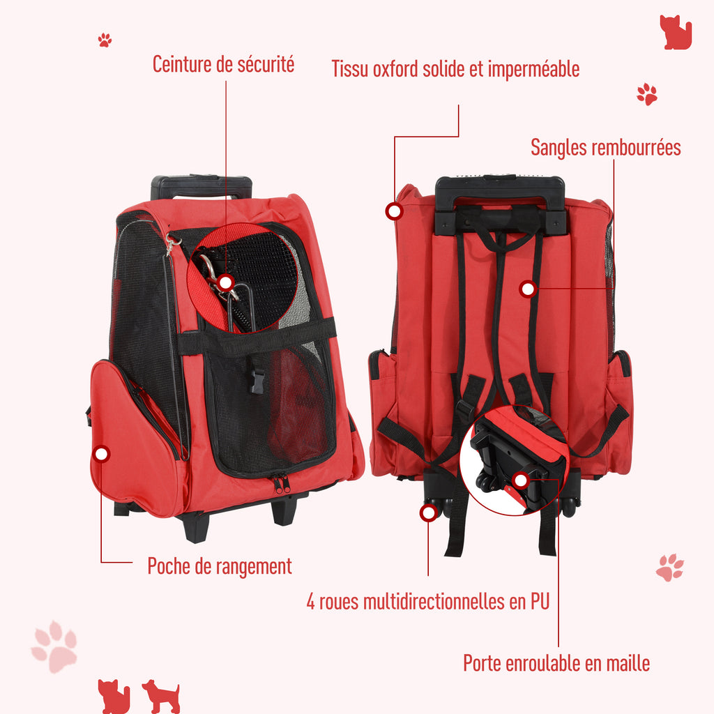 Sac de transport à roulettes pour chien 2 en 1 trolley chariot sac à dos pour chien chat avec poignée téléscopique, sacs de rangement, aérations, attache de sécurité, 42 x 25 x 55 cm, rouge-6