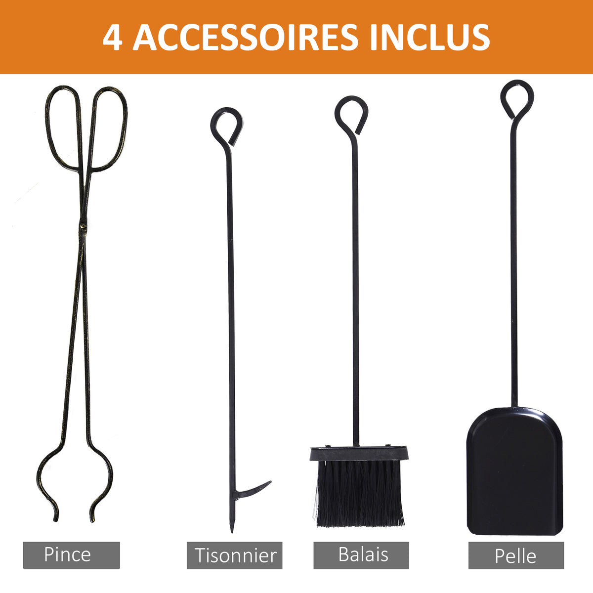 Porte-bûches range bûches étagère à bois de cheminée serviteur de cheminée cerf multi-accessoires 2 étagères dim. 51,5L x 33l x 77H cm métal noir or vieilli-4