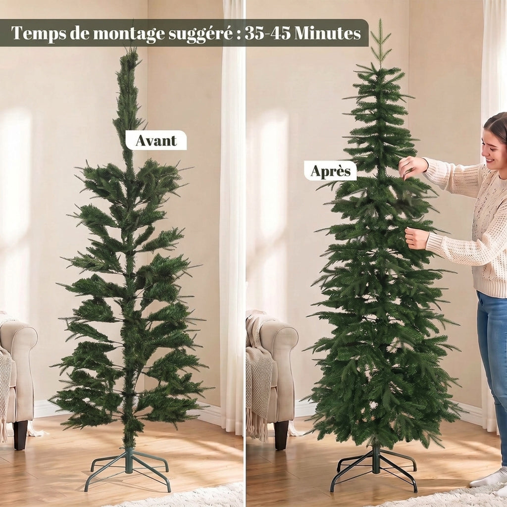 Sapin de Noël Artificiel 210 cm, Branches Articulées en PE et PVC Ignifuges, Support en Acier Pliable, Vert-6