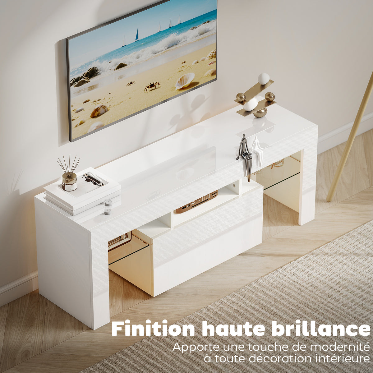 Meuble TV, meuble télé avec éclairage LED RGB, haute brillance, étagères en verre trempé, 120x34x45cm, blanc-4