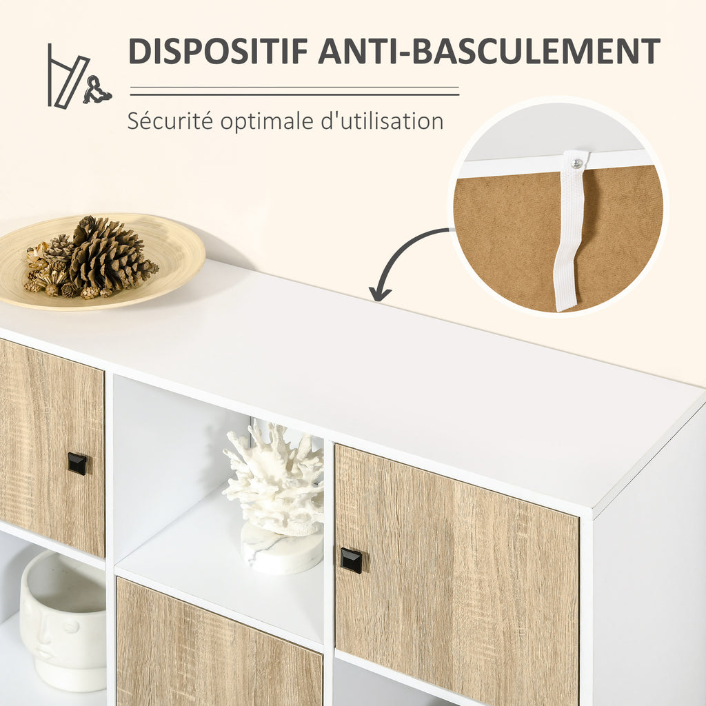Buffet Salon, Meuble de Rangement 9 Cubes avec 3 Portes et 3 Compartiments Ouverts, Pieds en Bois de Pin, Style Moderne, Buffet Salle à Manger, Cuisine, 96x30x75cm, Blanc et Naturel-4
