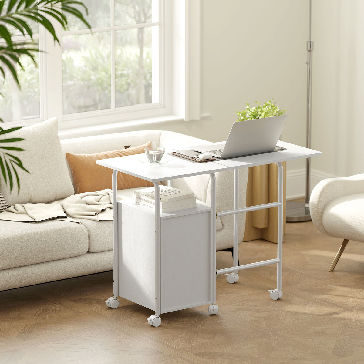 Bureau d'ordinateur pliable sur roulettes, bureau avec rangement, 3 tiroirs, plateau extensible, 105x51x75,5cm, blanc-7