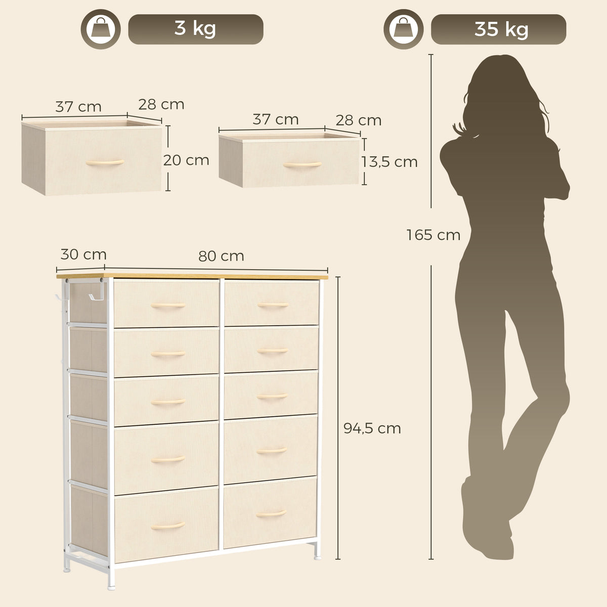 Commode 10 Tiroirs en Tissu, Meuble de Rangement avec 4 Poches, 2 Crochets, Structure en Acier, 80 x 30 x 94,5 cm, Beige-2