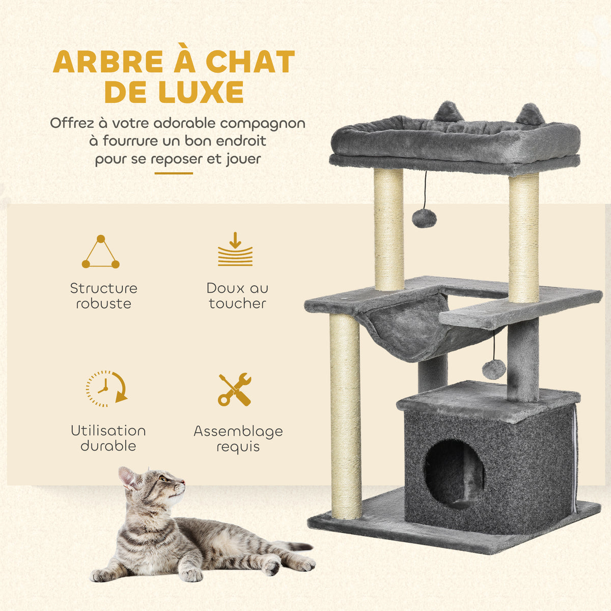 Arbre à chat avec griffoir, en tissu peluche, tour de jeux pour chat, lit, niche, hamac, plateforme 48 x 48 x 90 cm gris-3