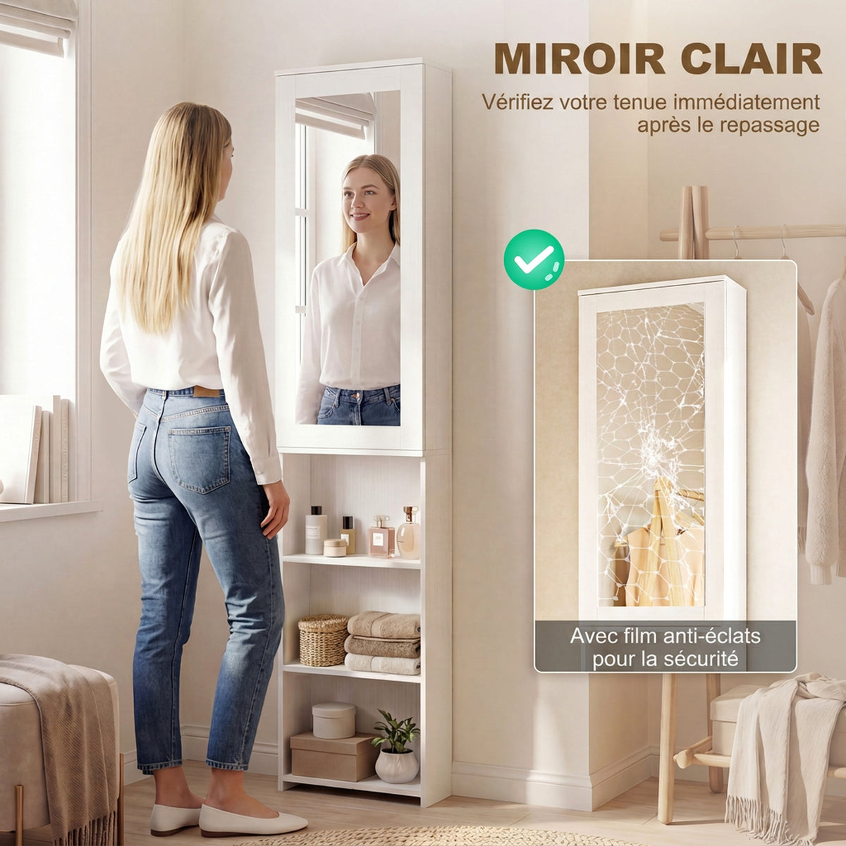 Armoire de Planche à Repasser Pliable avec Miroir, Armoire de Rangement avec 6 Compartiments, 2 Crochets, Blanc-5