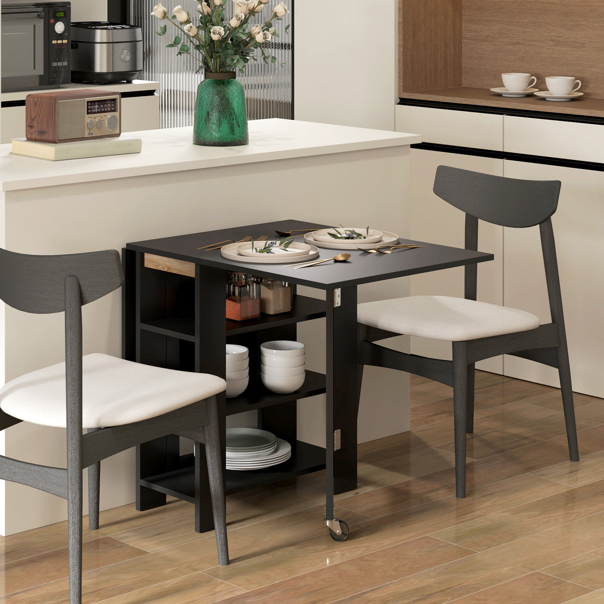 Table à Manger Pliante sur Roulettes, Table de Cuisine pour 2 à 4 Personnes avec Étagères de Rangement, Noir-9