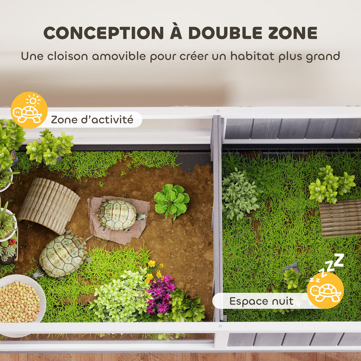 Maison pour tortues enclos tortue en bois 2 espaces support de lampe toit ouvrable plateau coulissant 104x53x82cm gris-3
