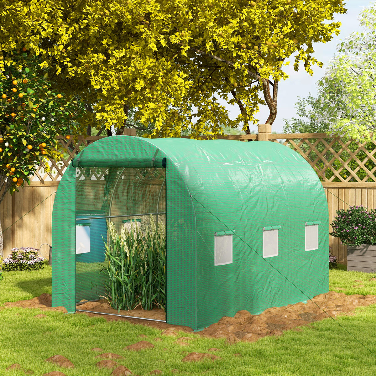 Serre de Jardin Tunnel 6 m² avec système d'arrosage intégré, 3L x 2l m 6 fenêtres Porte enroulable Vert-9