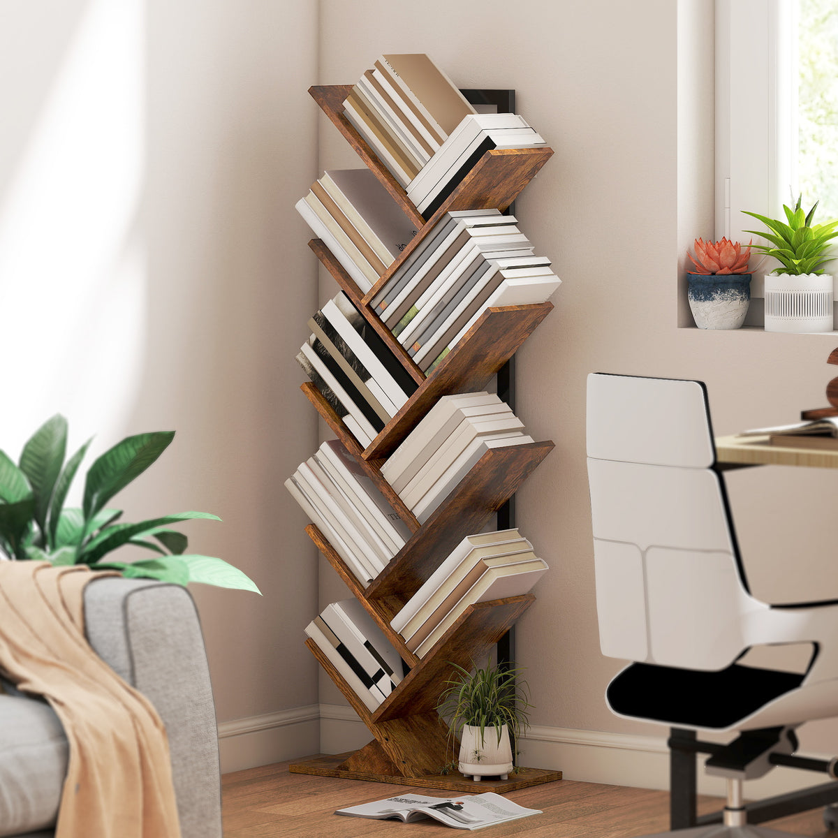 Bibliothèque Arbre à 9 Niveaux, Meuble de Rangement Industriel avec Cadre en Acier, 50x24x136cm, Brun Rustique-9