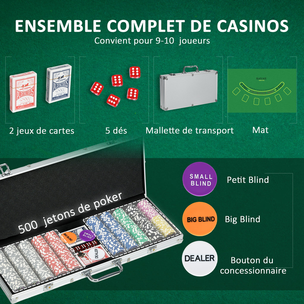 Mallette de Poker Coffret de Poker Complet avec 500 jetons 5 dés 2 Jeux de Cartes 3 boutons 1 Tapis en Feutre-3
