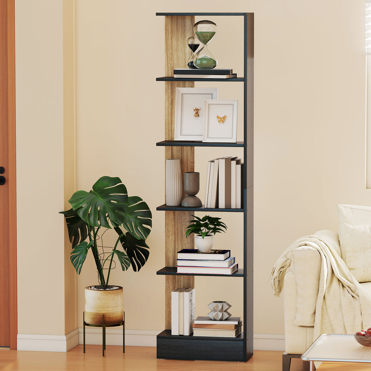 Bibliothèque Étagère de Rangement avec 5 Compartiments Ouverts 45 x 21 x 170 cm Noir et Chêne-9