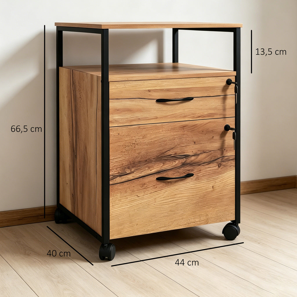 Caisson bureau mobile avec 2 tiroirs, meuble rangement bureau sur roulettes avec barres pour dossiers, marron-2