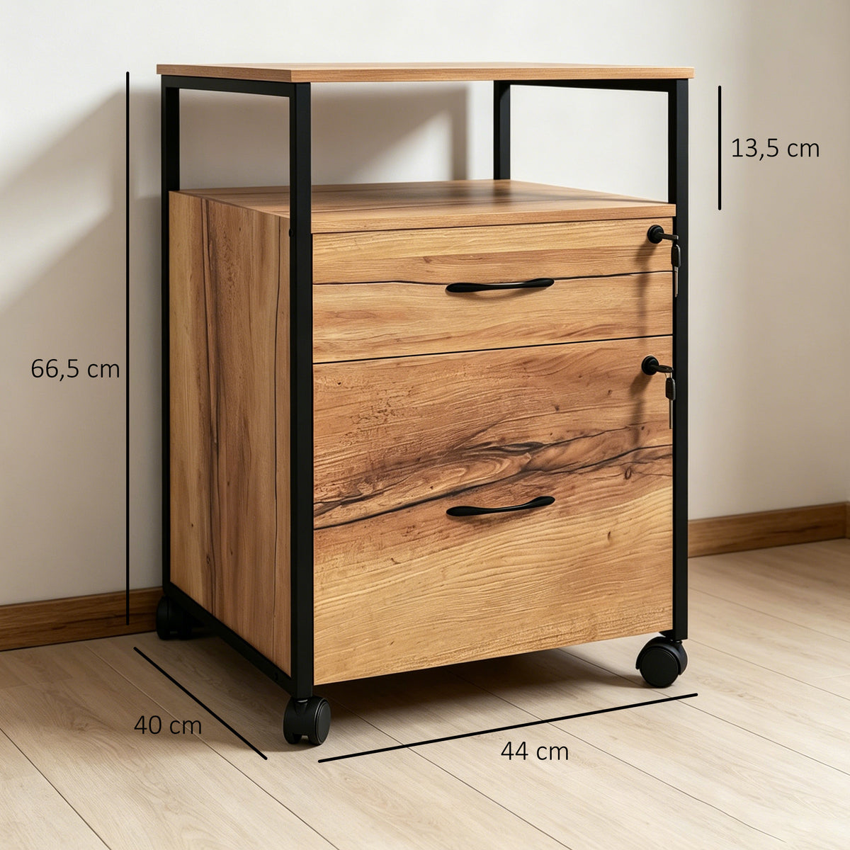 Caisson bureau mobile avec 2 tiroirs, meuble rangement bureau sur roulettes avec barres pour dossiers, marron-2