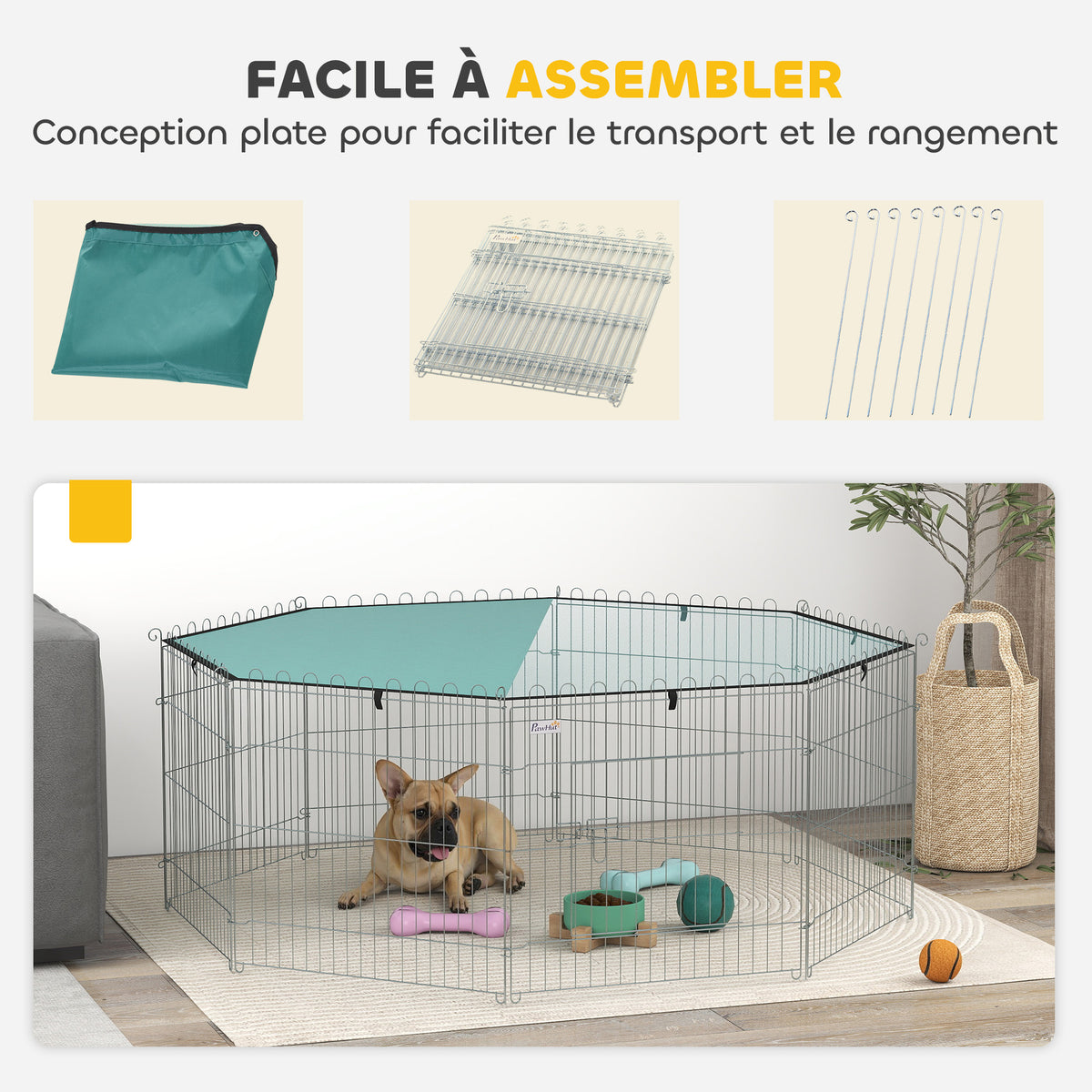 Parc pour chien, enclos chien 8 panneaux avec toit, modulable et pliable, enclos portable 60H cm avec porte argent vert-4