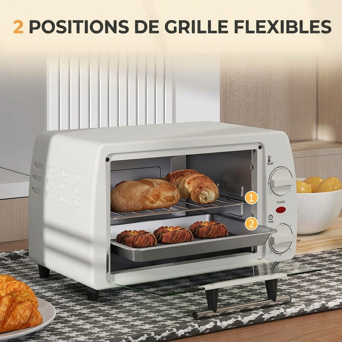 Mini four électrique 10L 1 grille et 1 plateau température réglable de 100°C à 230°C Minuteur 60 min 36,5x26x22 cm crème-4