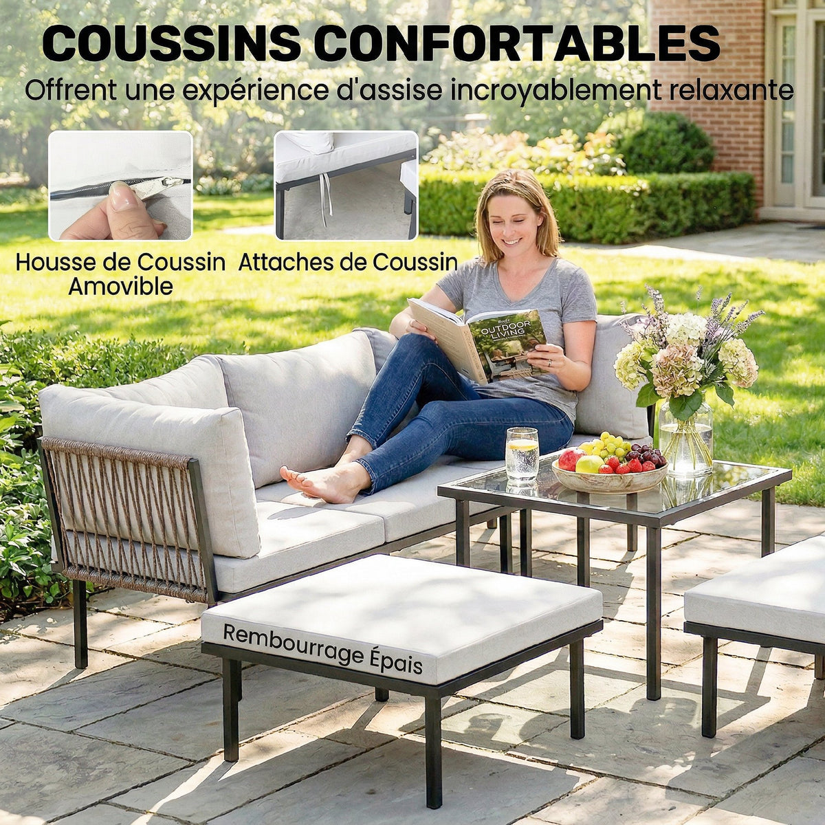 Salon de jardin extérieur d'angle modulable 6 personnes, table basse avec plateau en verre trempé, gris clair-4