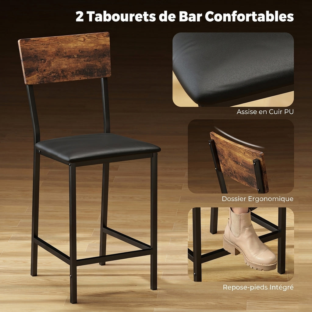 Ensemble Table de Bar avec 2 Tabourets, Table Haute de Cuisine et 2 Chaises de Bar Rembourrées PU, Brun Rustique-4