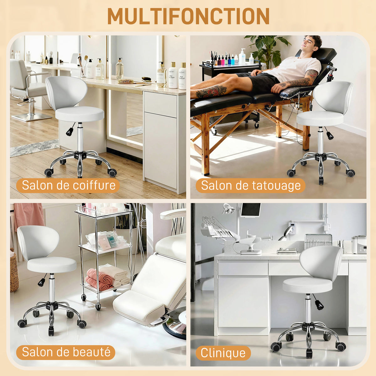 Tabouret à roulettes, tabouret de massage en PU avec hauteur réglable 73-88 cm et dossier, pivotant 360°, blanc-6