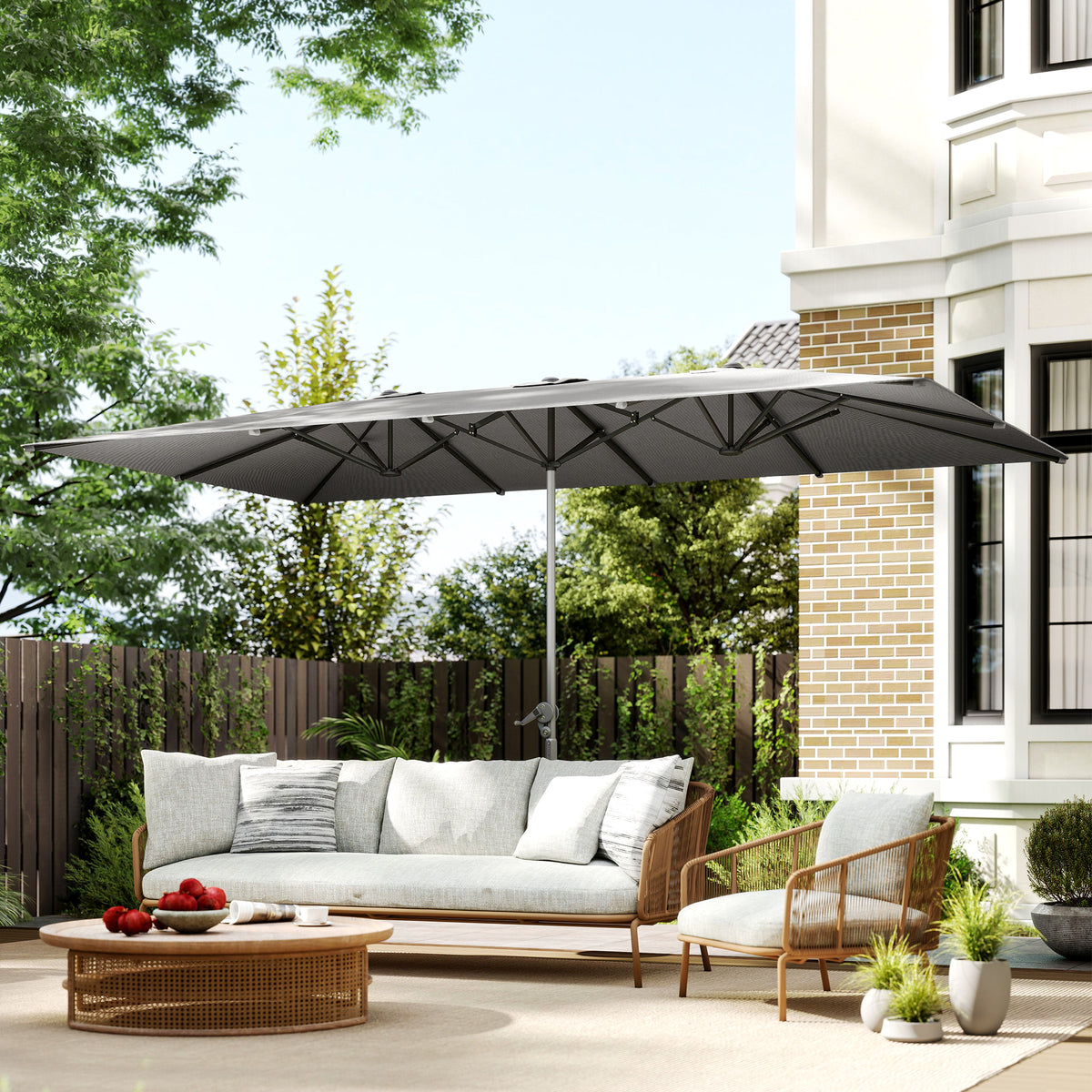 Parasol de jardin extérieur, parasol double rectangulaire 451 x 264 cm avec manivelle toile polyester 200g/m² gris foncé-1