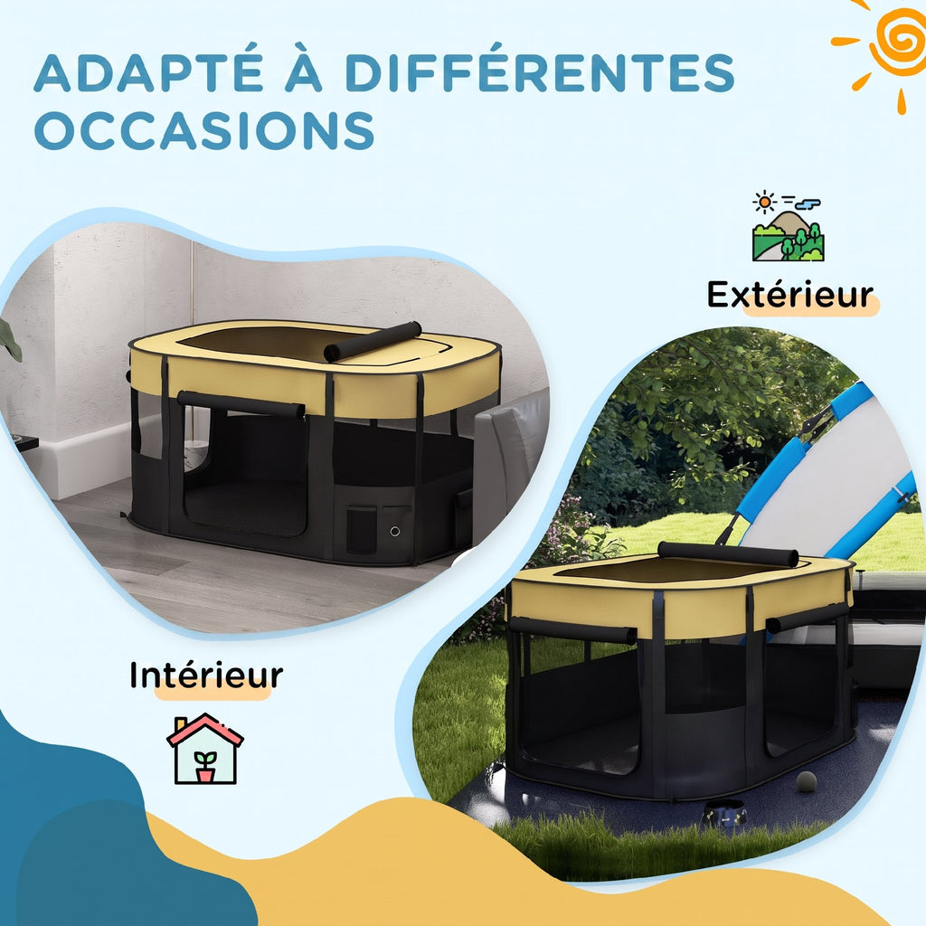 Parc pliable pour animaux de compagnie parc pour chiots en tissu Oxford avec fenêtres et portes sac de rangement jaune-6